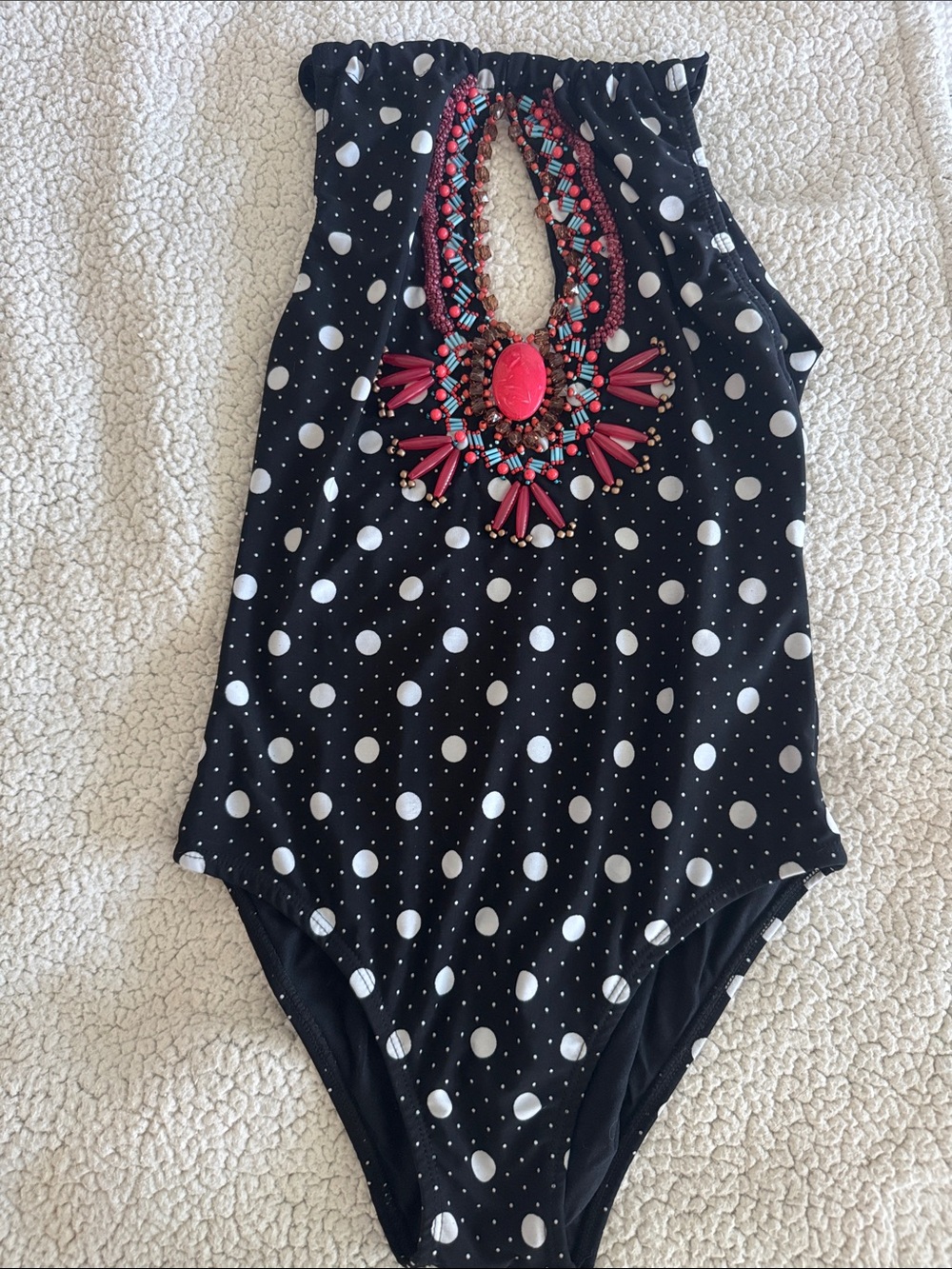 Polka Dot Black One-Piece Swimsuit with Pink Beaded Neckline